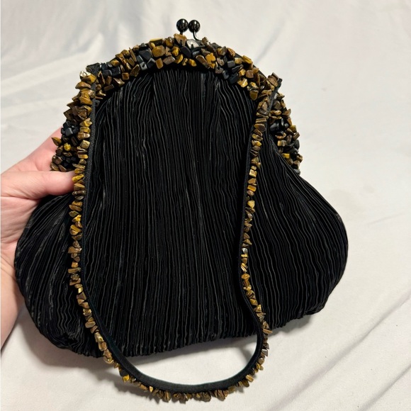 Timmy Woods Vintage Black Pleated Kisslock Purse Stone Bead Accents RARE Unique - Picture 1 of 16